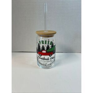 Handmade can shaped glass tumbler-bamboo lid and glass straw